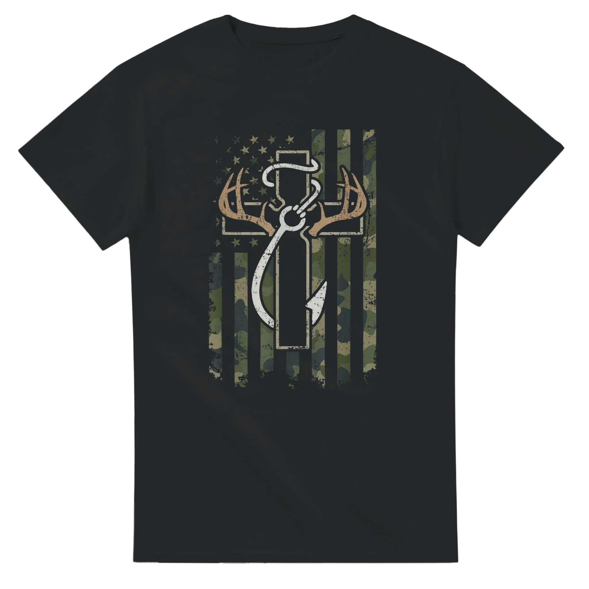 Black Patriotic Hunting Fishing Faith T-Shirt with camo American flag and hunting tool graphic design
