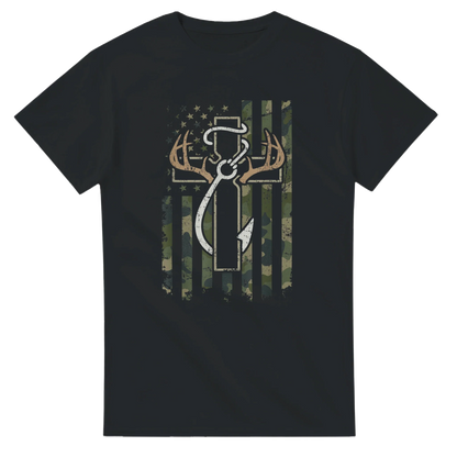 Black Patriotic Hunting Fishing Faith T-Shirt with camo American flag and hunting tool graphic design