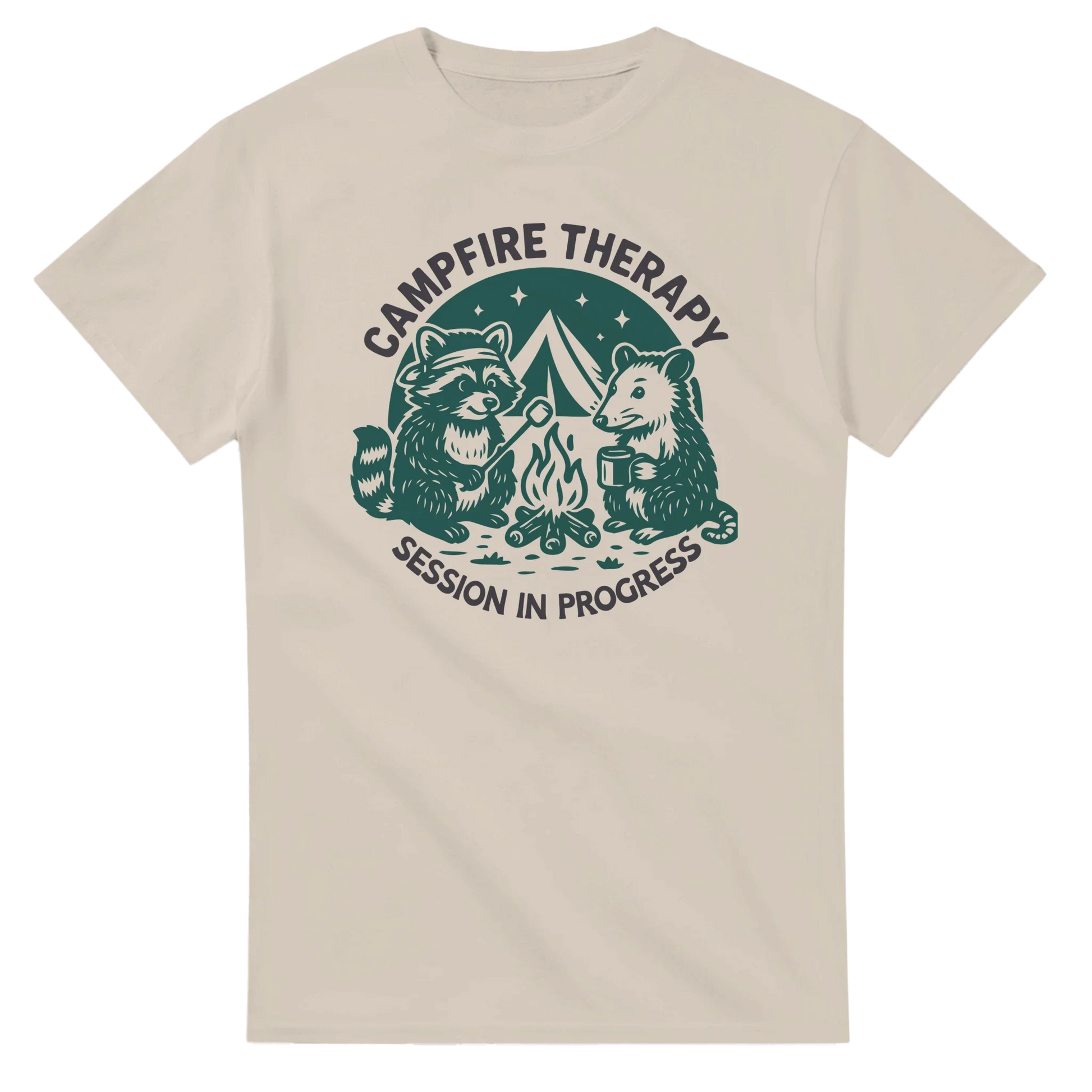 Cute Campfire Therapy T-shirt with happy critter campers around a campfire design on a beige cotton tee