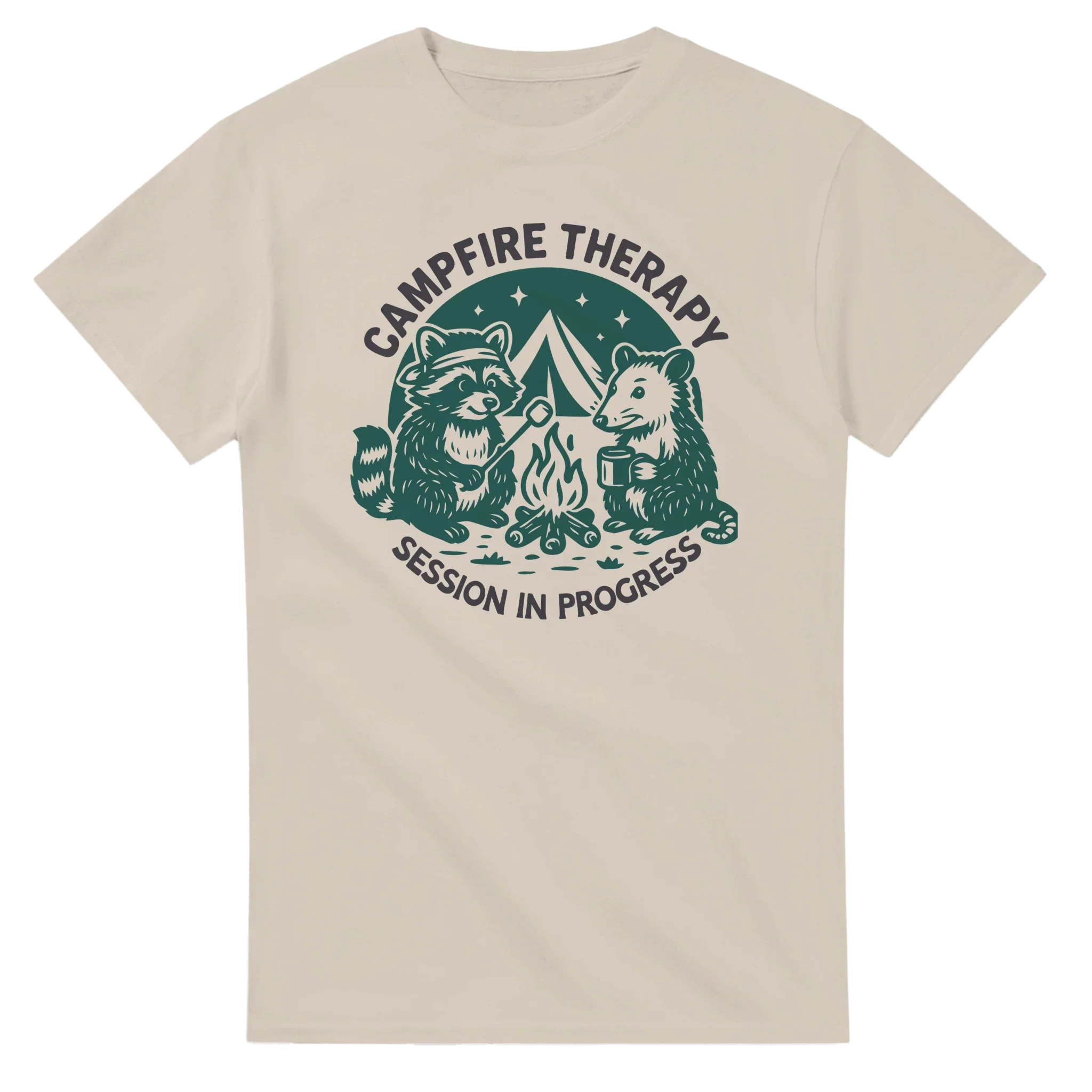 Cute Campfire Therapy T-shirt with happy campers design roasting marshmallows around a campfire on beige cotton tee