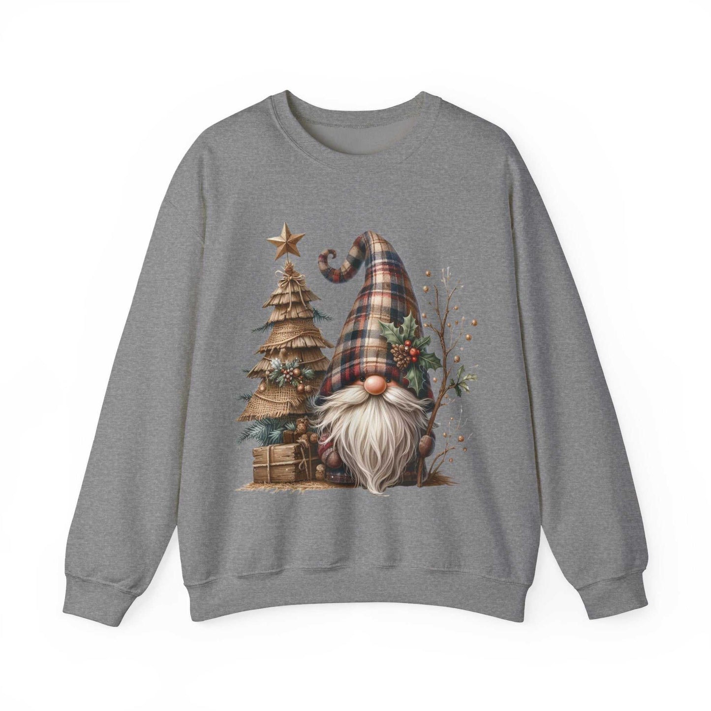 Grey unisex sweatshirt with rustic plaid Christmas gnome holding holly by a burlap tree design