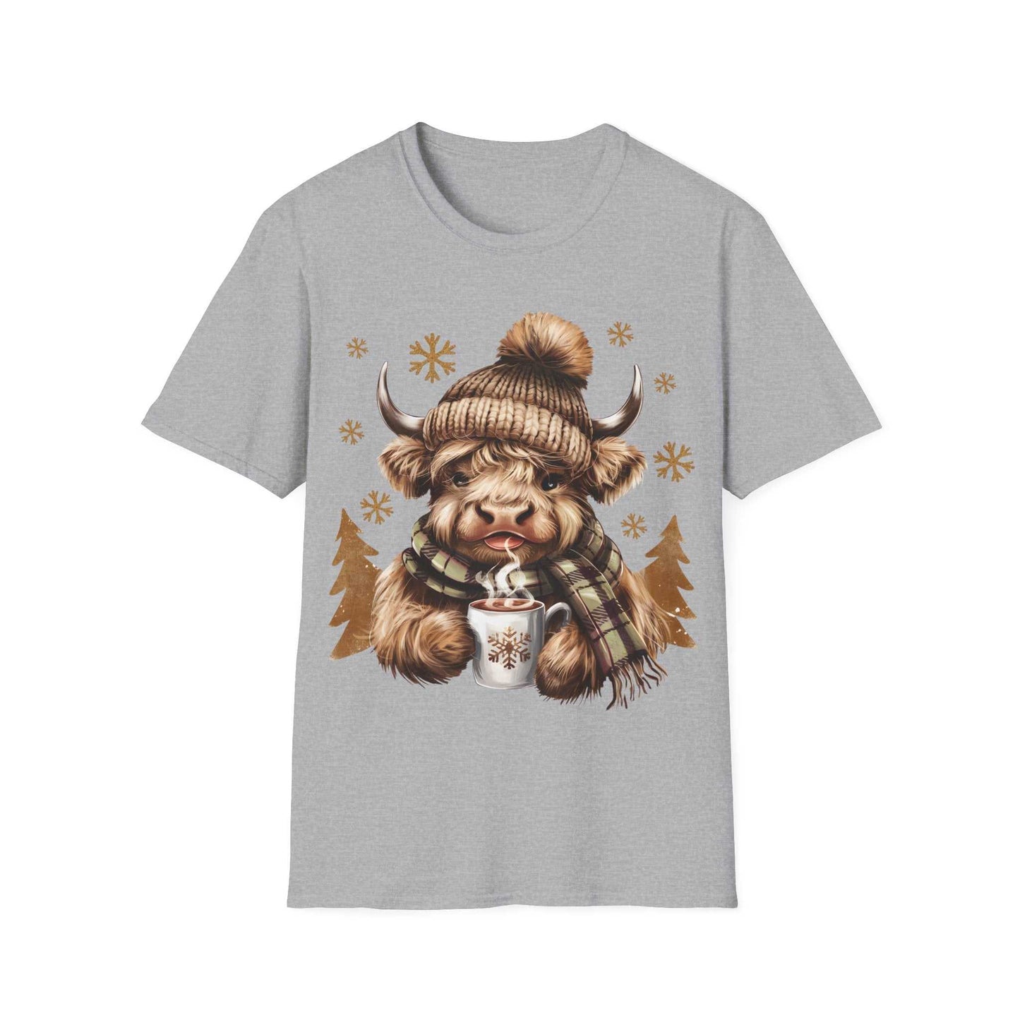 Gray t-shirt with a cozy Highland Cow wearing a knit hat and scarf holding a hot chocolate cup surrounded by snowflakes and pine trees
