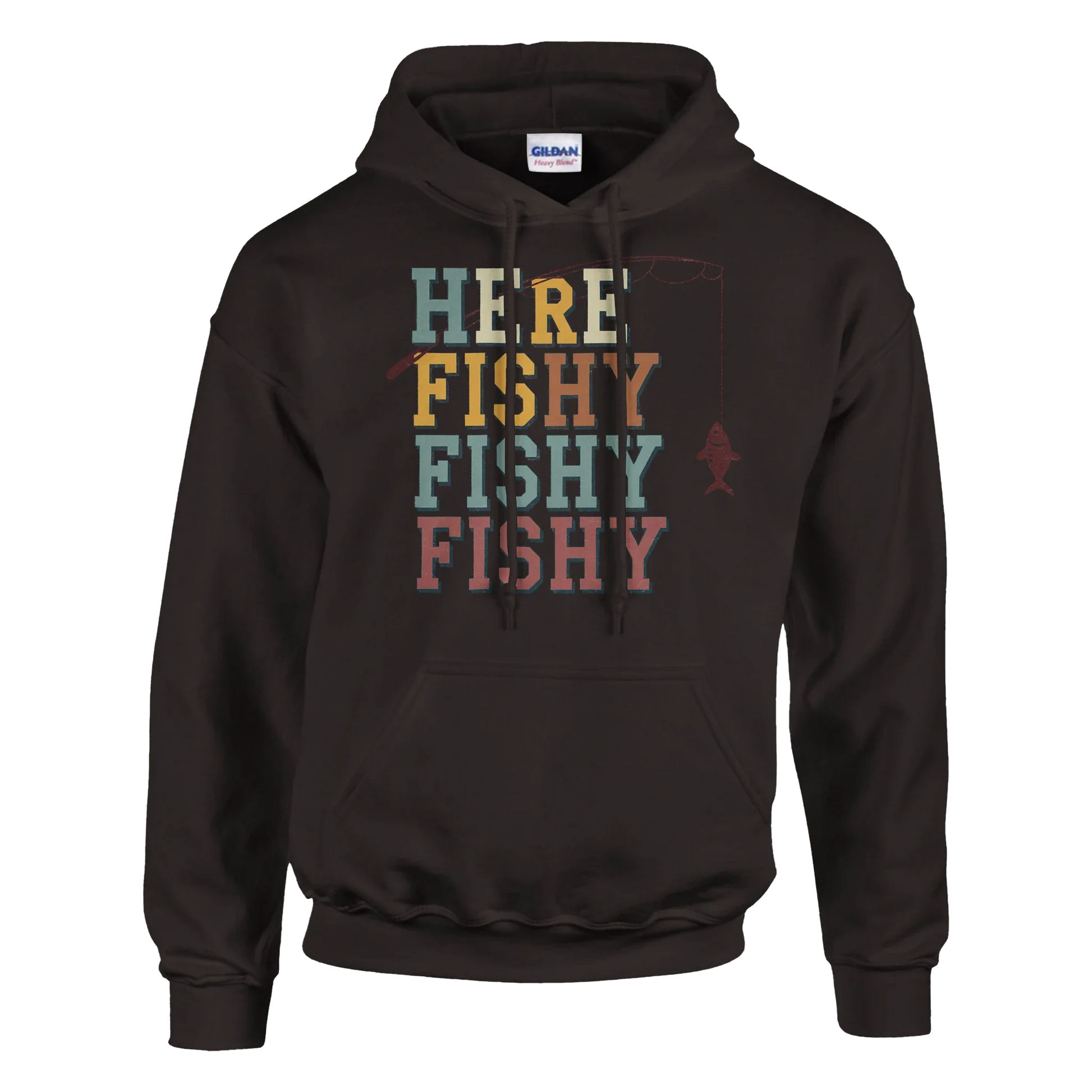 Here Fishy Fishy Fishy Premium Hoodie black heavy blend cotton polyester fishing design front pouch pocket