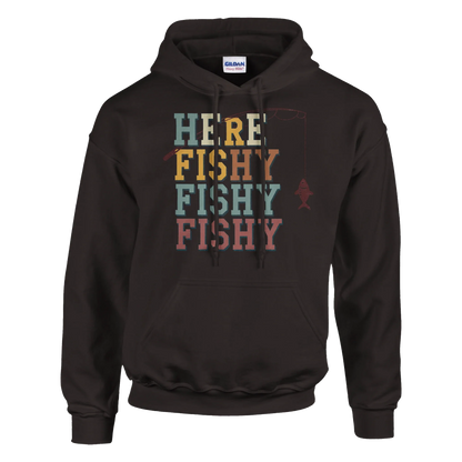 Here Fishy Fishy Fishy Premium Hoodie black heavy blend cotton polyester fishing design front pouch pocket