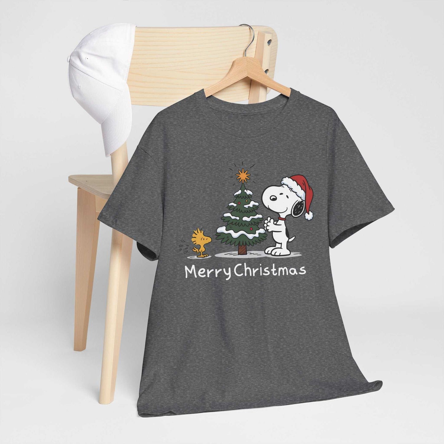 Snoopy and Woodstock Christmas t-shirt with holiday tree and Santa hat design on gray heavyweight cotton tee