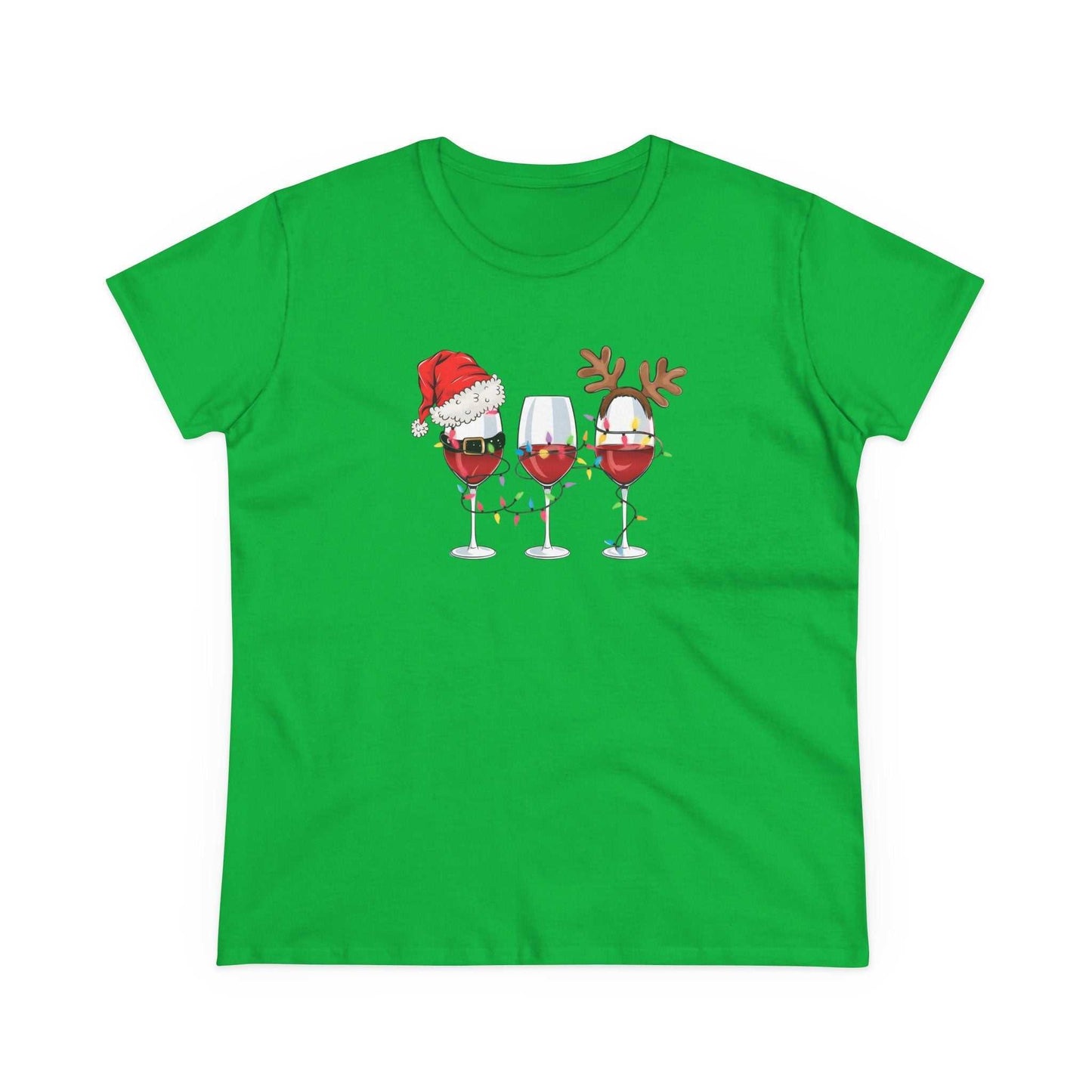 Green Wine Glasses Christmas T-Shirt with festive wine glass designs wearing Santa hat and reindeer antlers