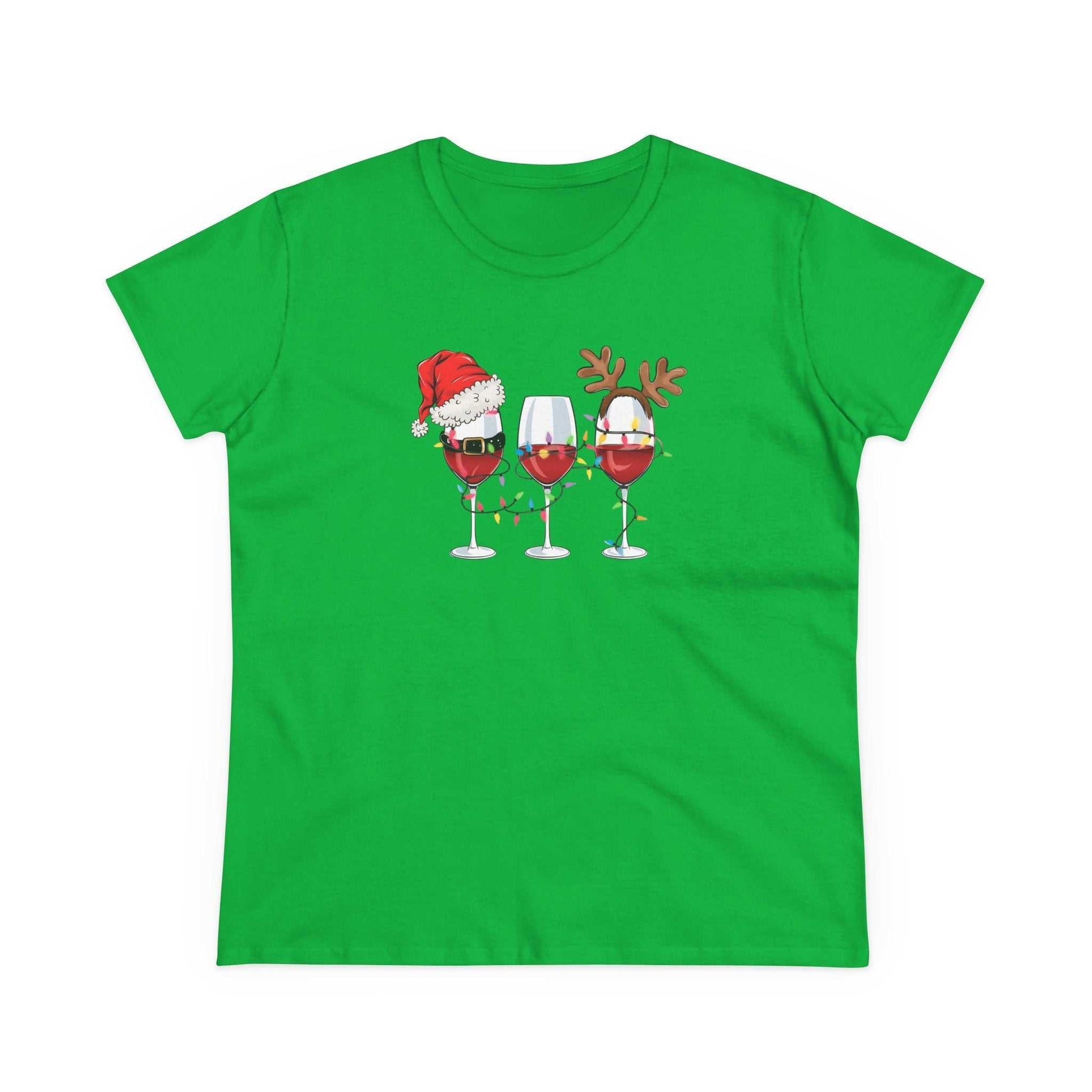 Green Wine Glasses Christmas T-Shirt with festive wine glass designs wearing Santa hat and reindeer antlers
