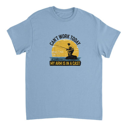 Funny Fishing T-Shirt in blue with "Can't Work Today, My Arm is in a Cast" slogan and fishing graphic