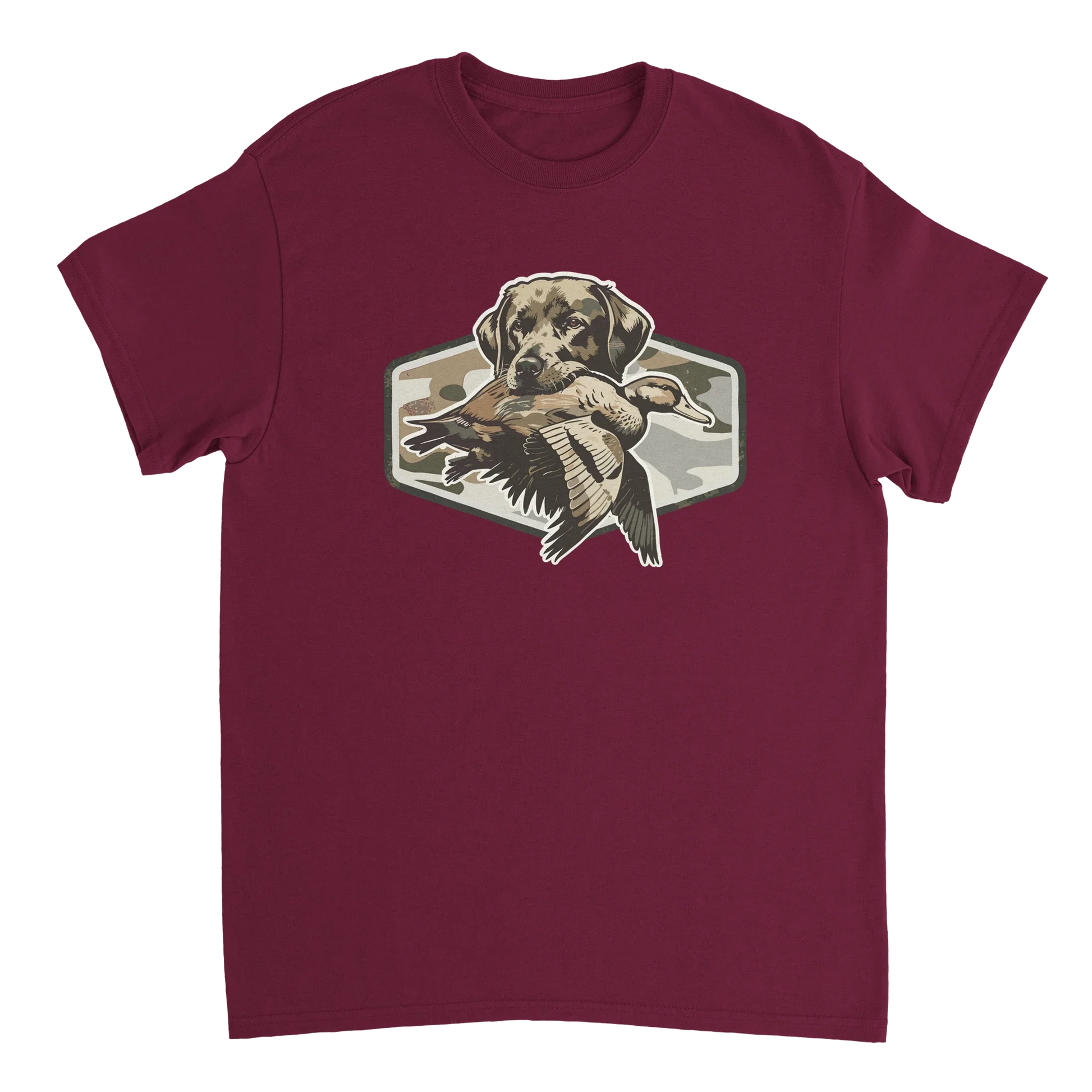 Maroon Duck Hunter's T-Shirt with hunting dog holding a duck graphic and camo background
