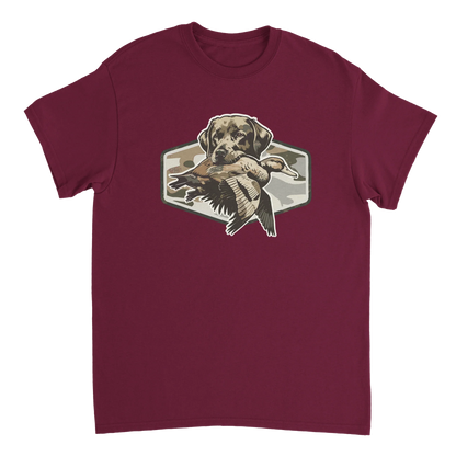 Maroon Duck Hunter's T-Shirt with hunting dog holding a duck graphic and camo background