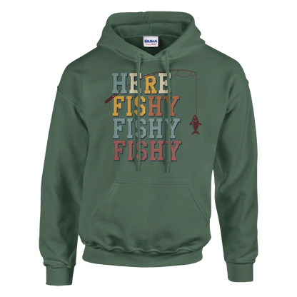 Green hoodie with "Here Fishy Fishy Fishy" text and fishing rod graphic, heavy blend cotton-polyester blend, front pouch pocket, double-lined hood, and rib knit cuffs.