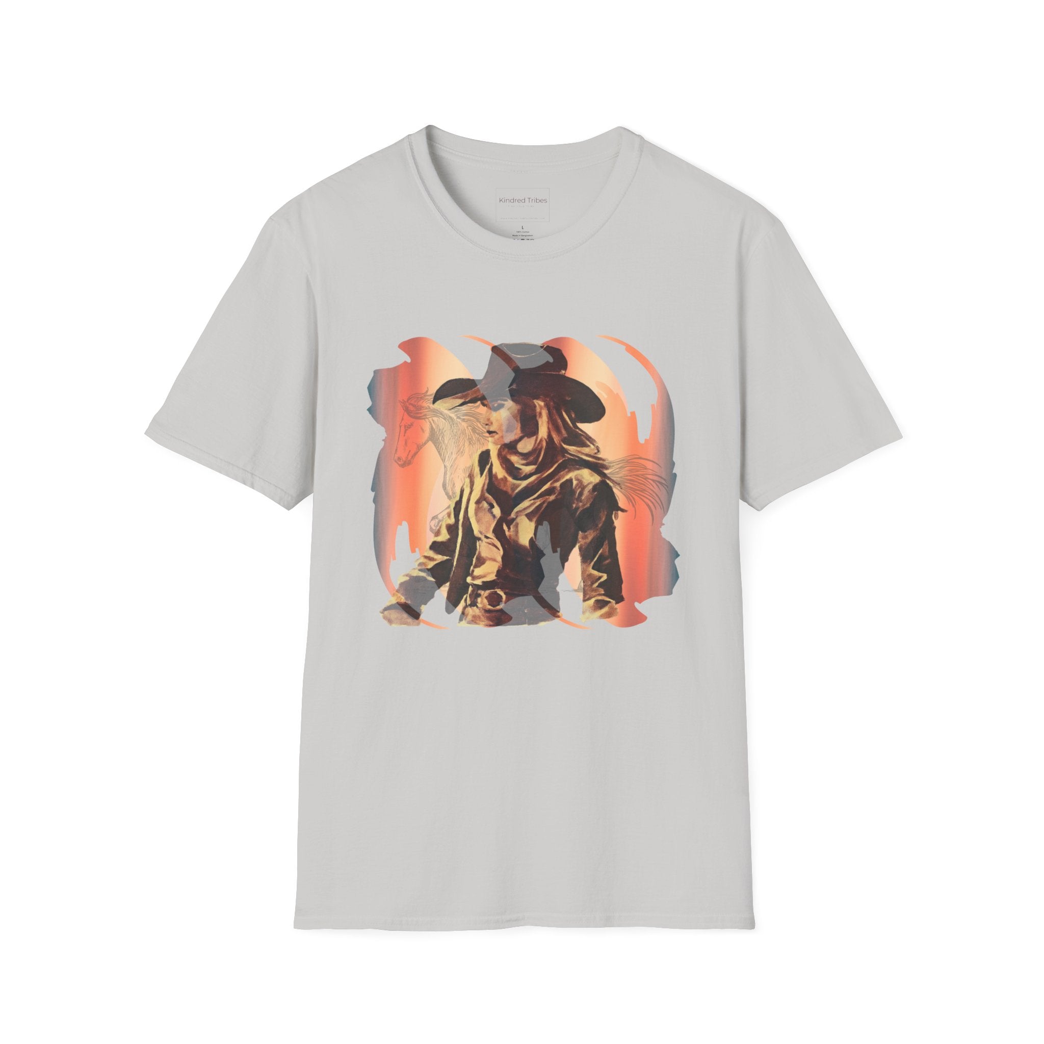 Cowgirl Sunset Shadow Rider T-Shirt - Vibrant Vintage Graphic Design