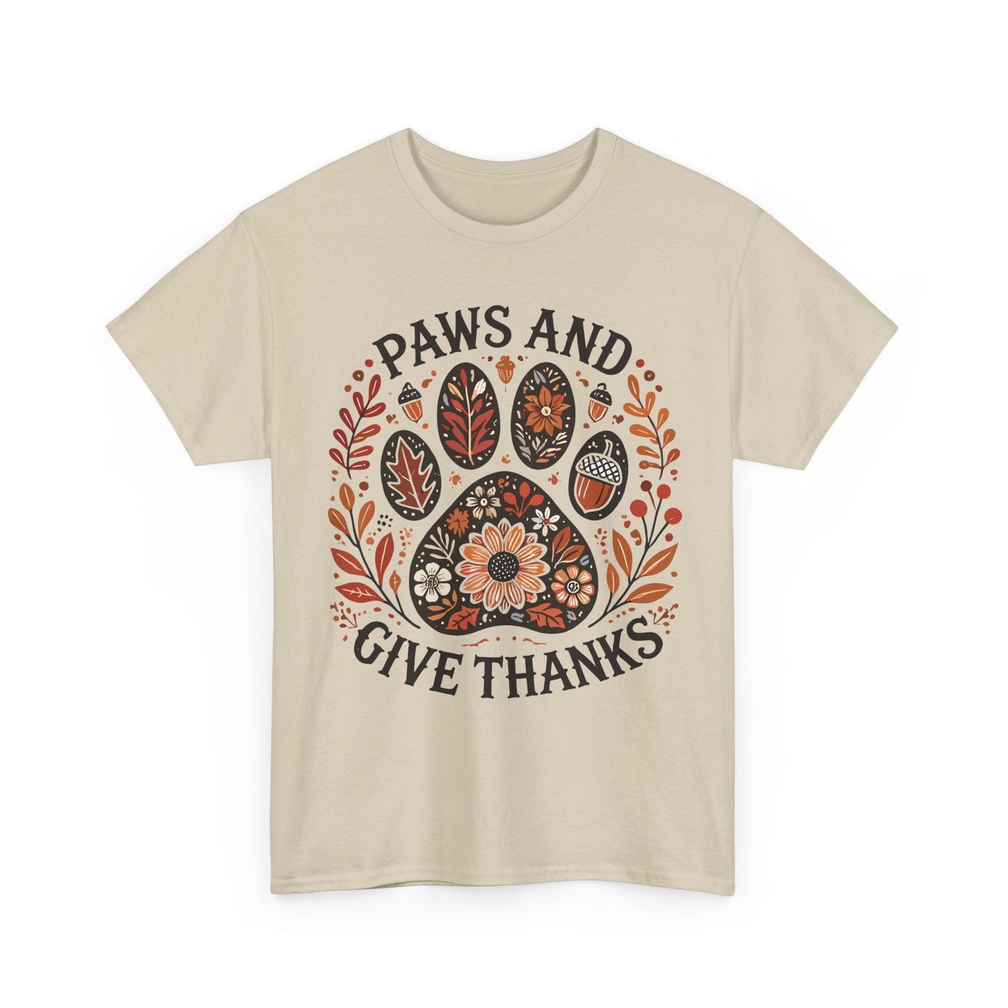 Paws and Give Thanks t-shirt with autumn paw print and fall foliage design