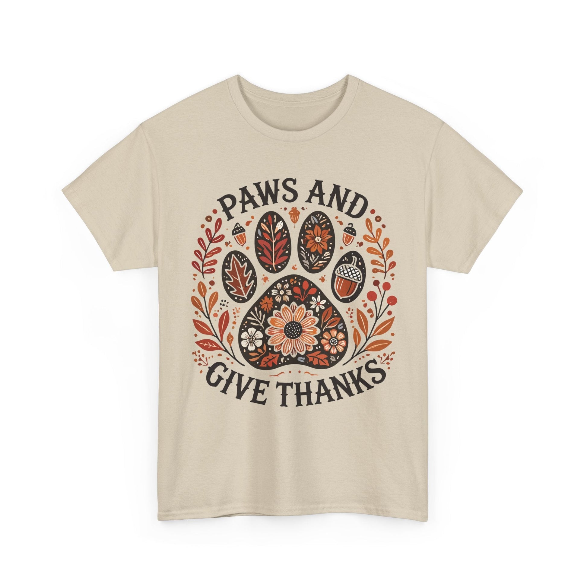 Paws and Give Thanks t-shirt with autumn paw print and fall foliage design
