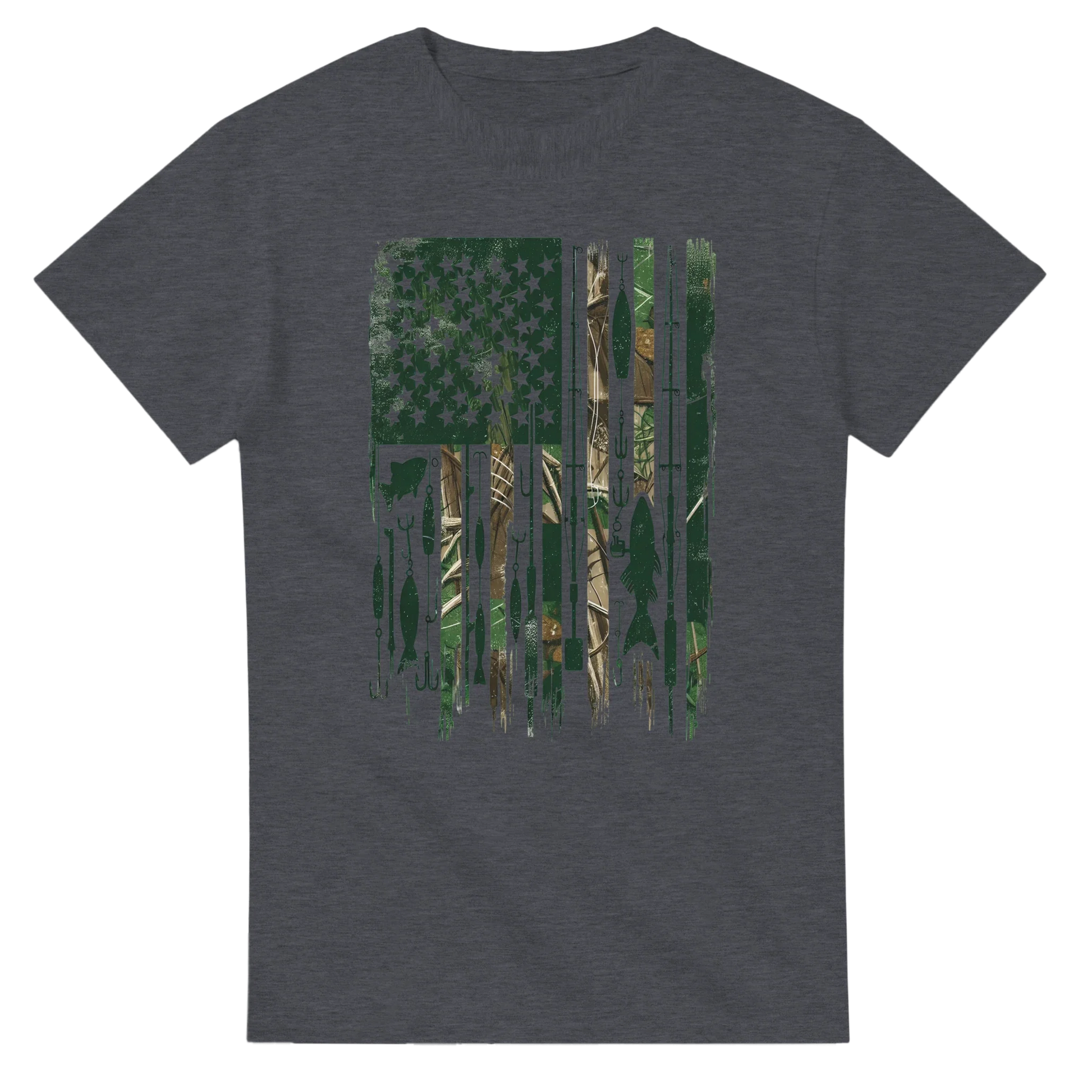 Patriotic Fishing T-Shirt with camo American flag and fishing lure design on grey cotton tee