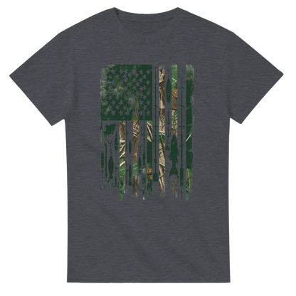 Patriotic Fishing T-Shirt with camo American flag and fishing lure design on grey cotton tee