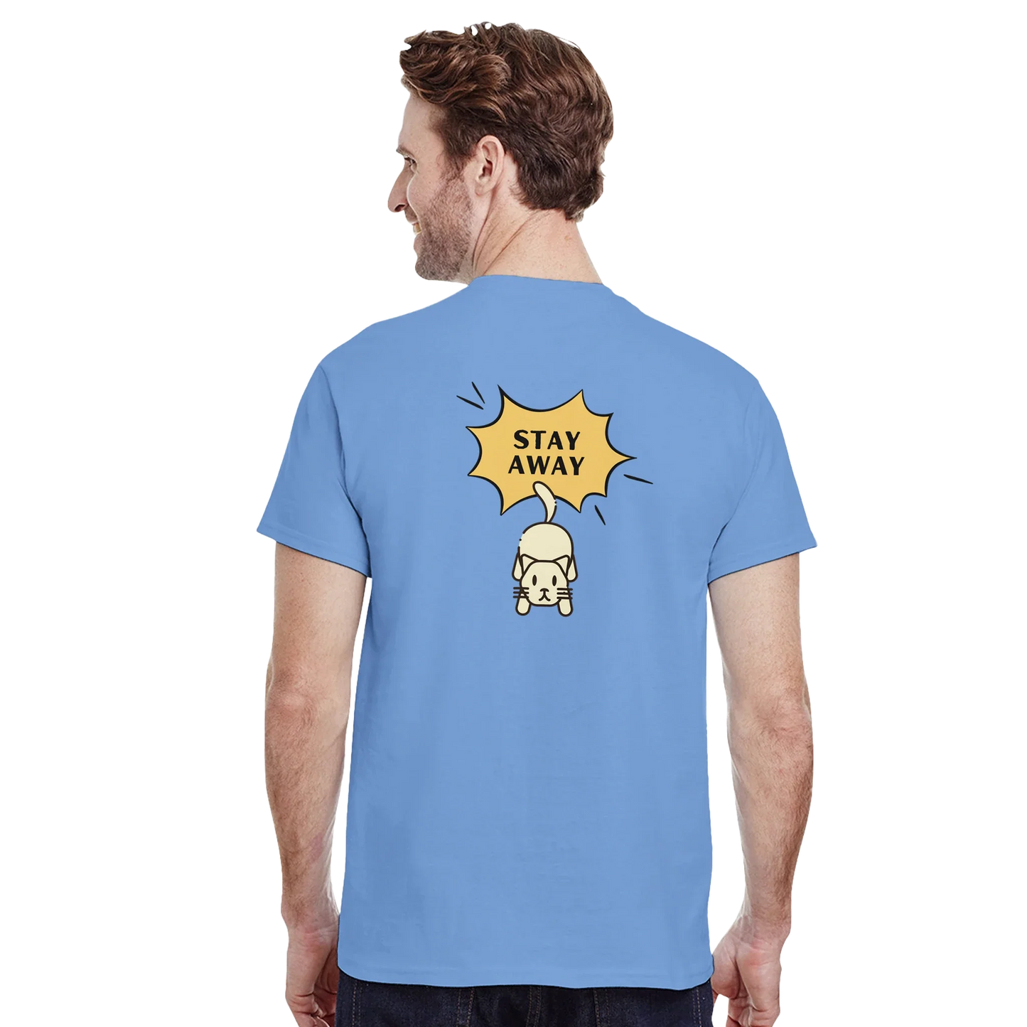 Man wearing blue Stay Away Cat T-Shirt with a pouncing cat and "Stay Away" text on the back
