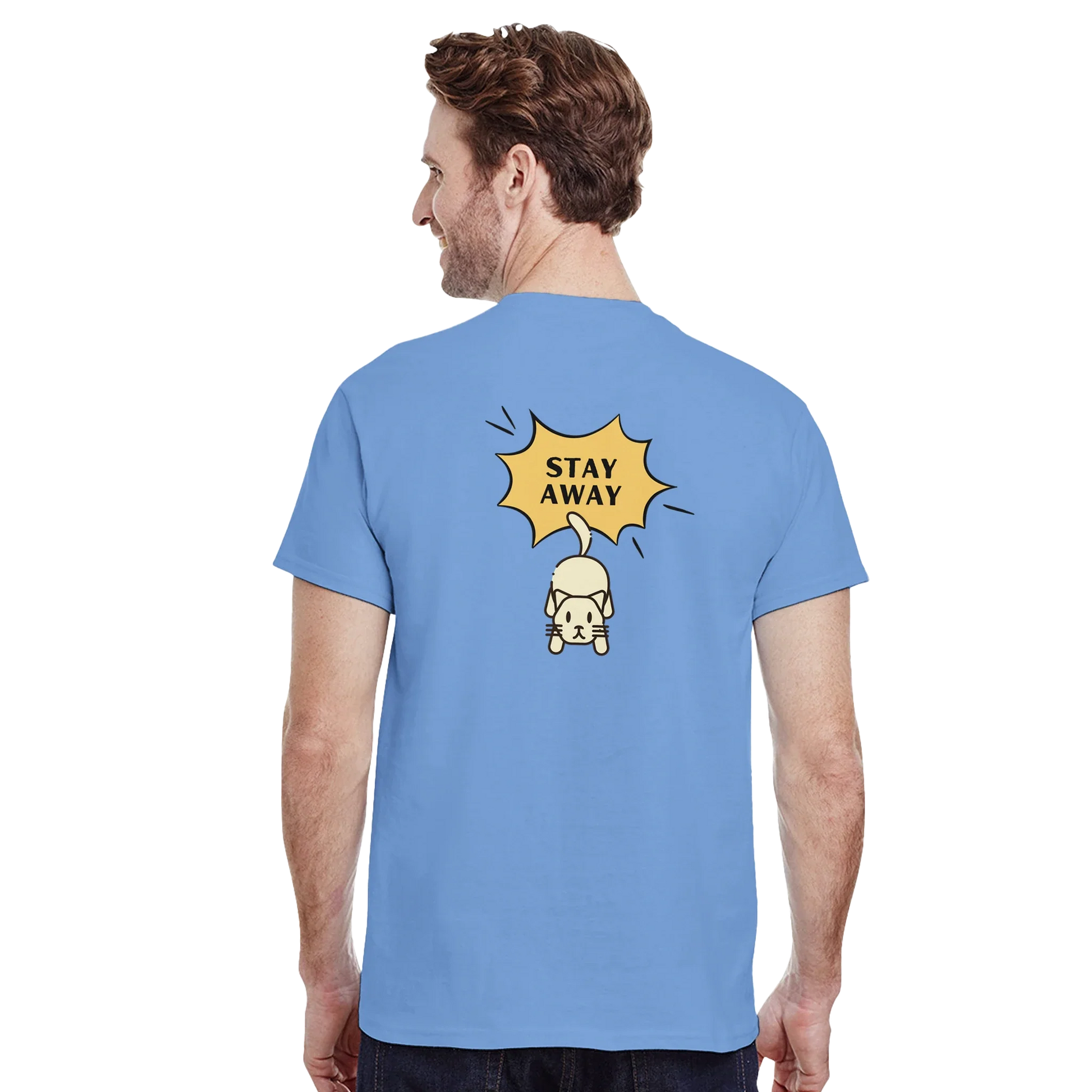 Man wearing blue Stay Away Cat T-Shirt with a pouncing cat and "Stay Away" text on the back