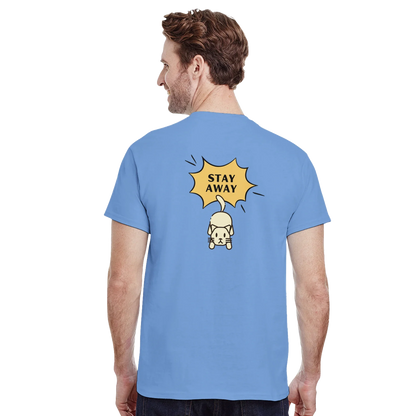 Man wearing blue Stay Away Cat T-Shirt with a pouncing cat and "Stay Away" text on the back