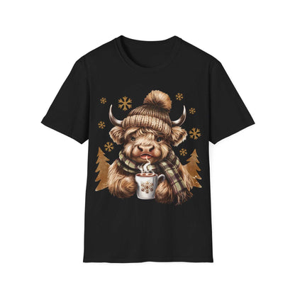 Black t-shirt with cozy Highland Cow wearing a knit hat and plaid scarf holding a hot chocolate mug with snowflake design.