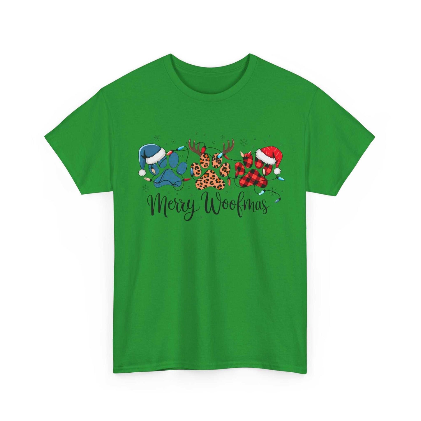 Green "Merry Woofmas" Christmas t-shirt with festive paw prints in plaid, leopard, and holiday hats designs