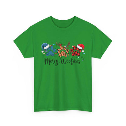 Green "Merry Woofmas" Christmas t-shirt with festive paw prints in plaid, leopard, and holiday hats designs
