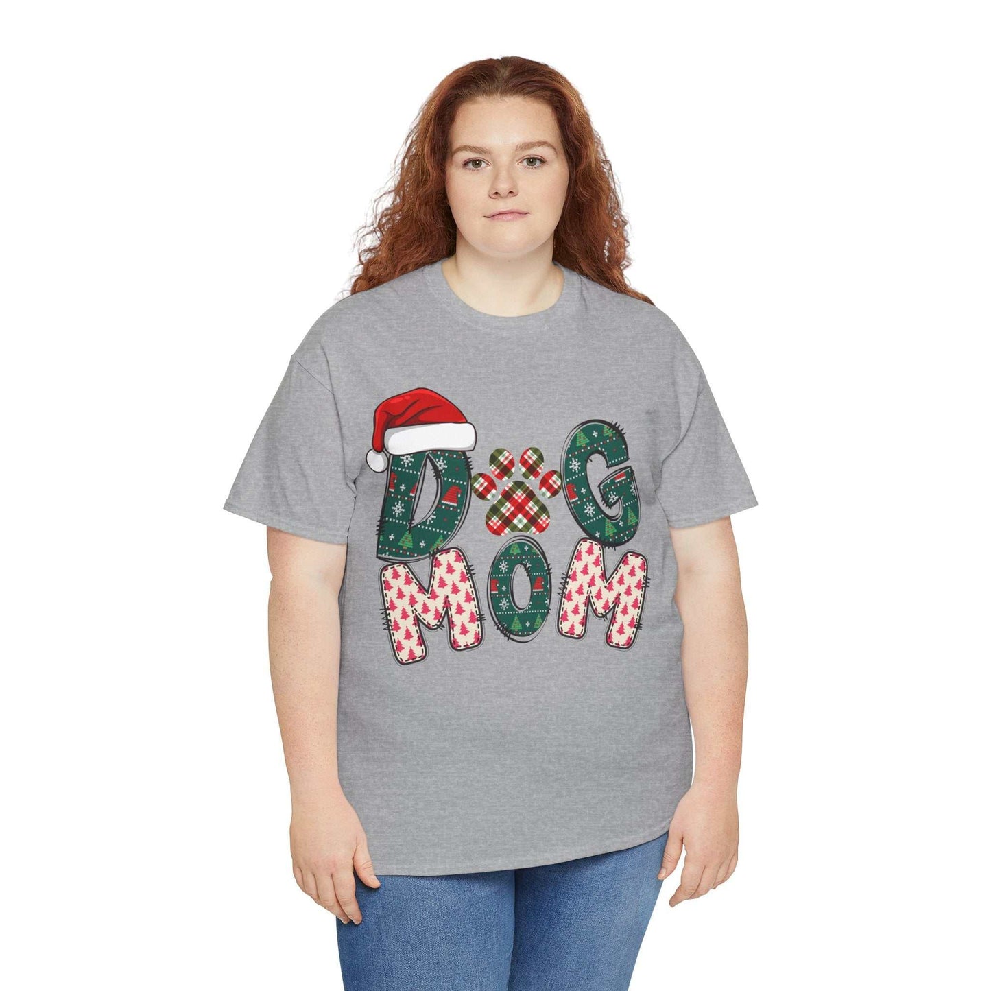 Plus size gray Christmas Dog Mom tee with festive print and Santa hat design