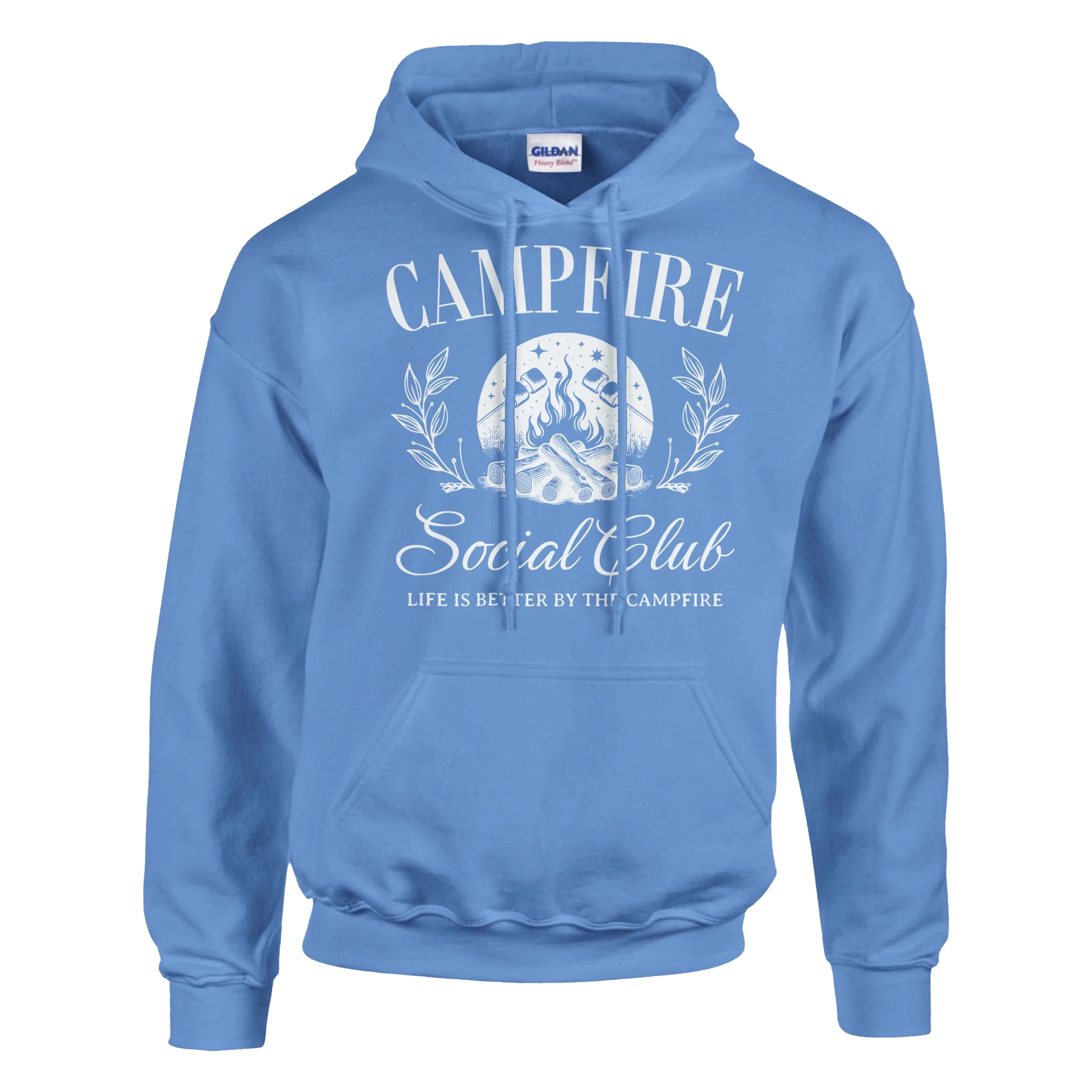 Campfire Social Club cozy blue hoodie with campfire graphic and front pocket