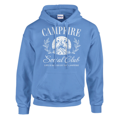 Campfire Social Club cozy blue hoodie with campfire graphic and front pocket