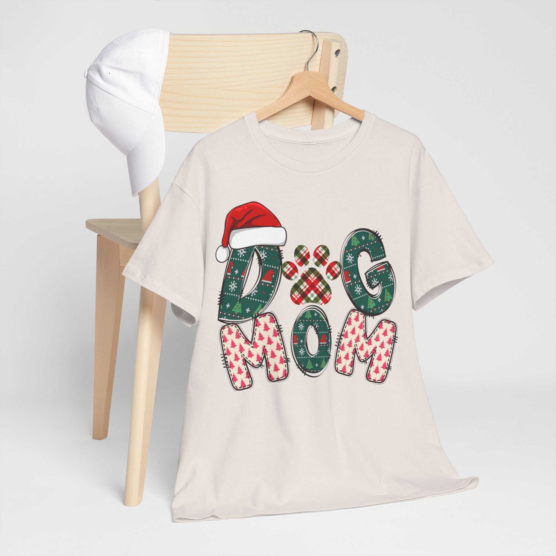 Christmas Dog Mom Tee with festive holiday design and Santa hat on unisex white cotton shirt