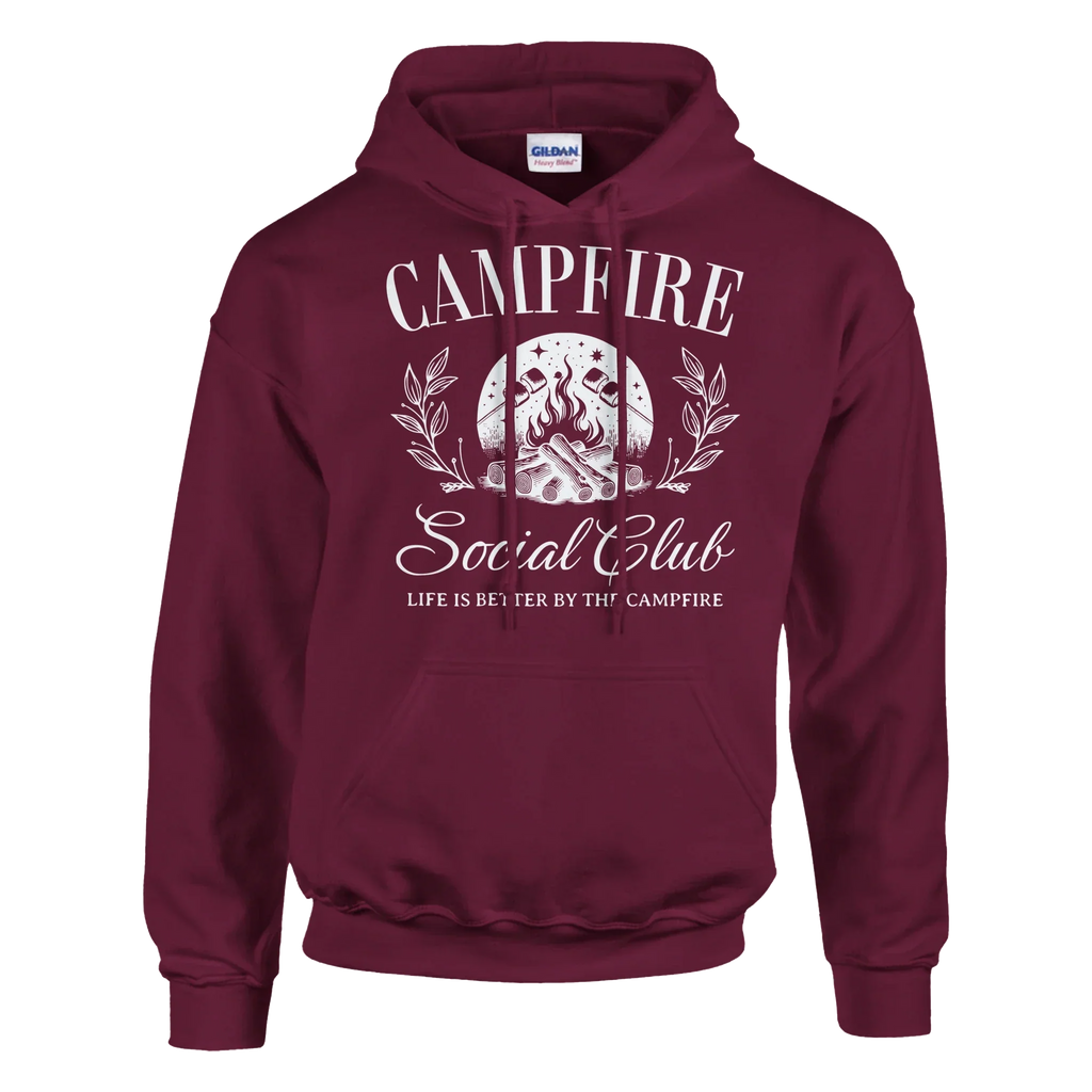 Maroon Campfire Social Club hoodie with campfire graphic and double-lined hood