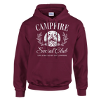 Maroon Campfire Social Club hoodie with campfire graphic and double-lined hood