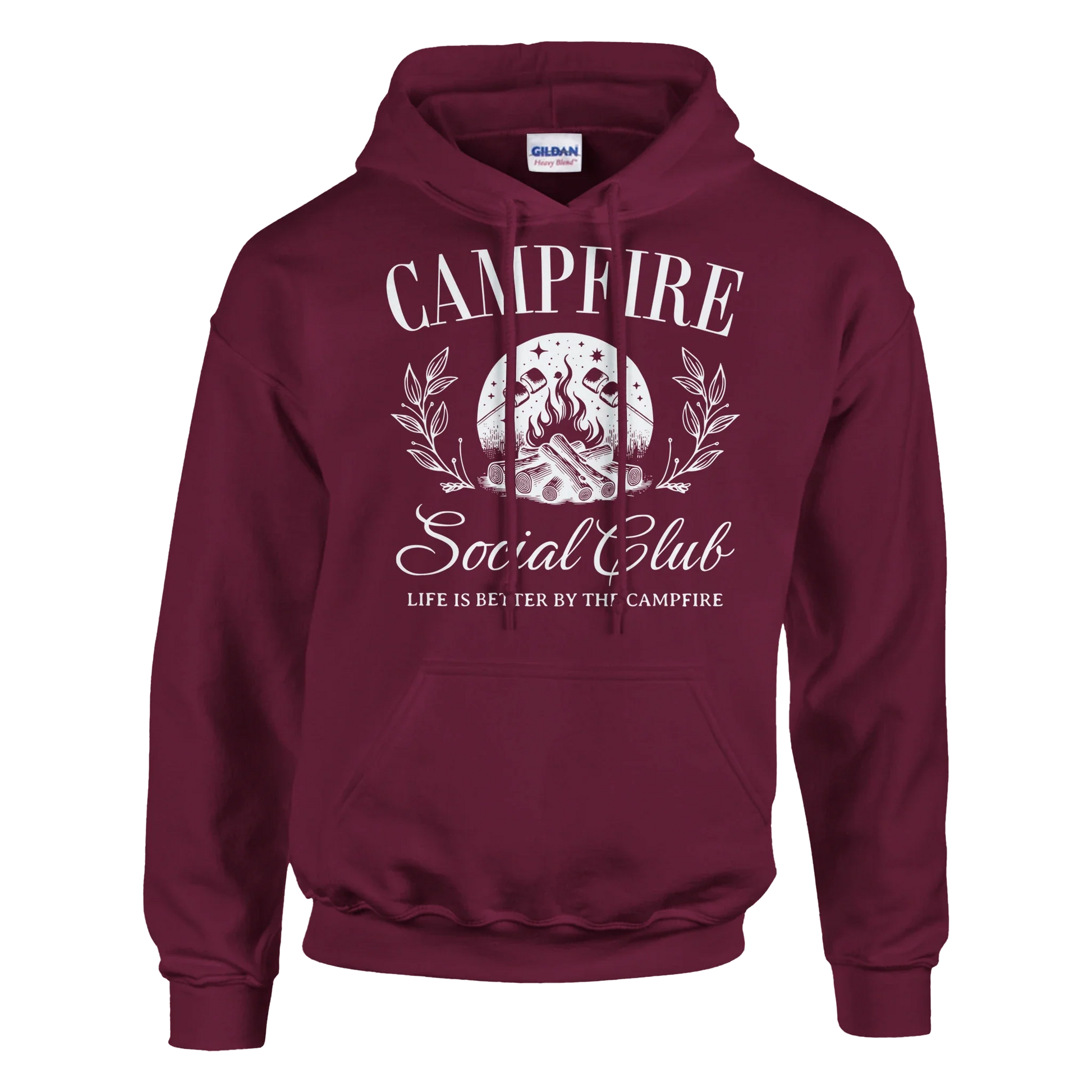 Maroon Campfire Social Club Cozy Hoodie with campfire graphic and front pouch pocket