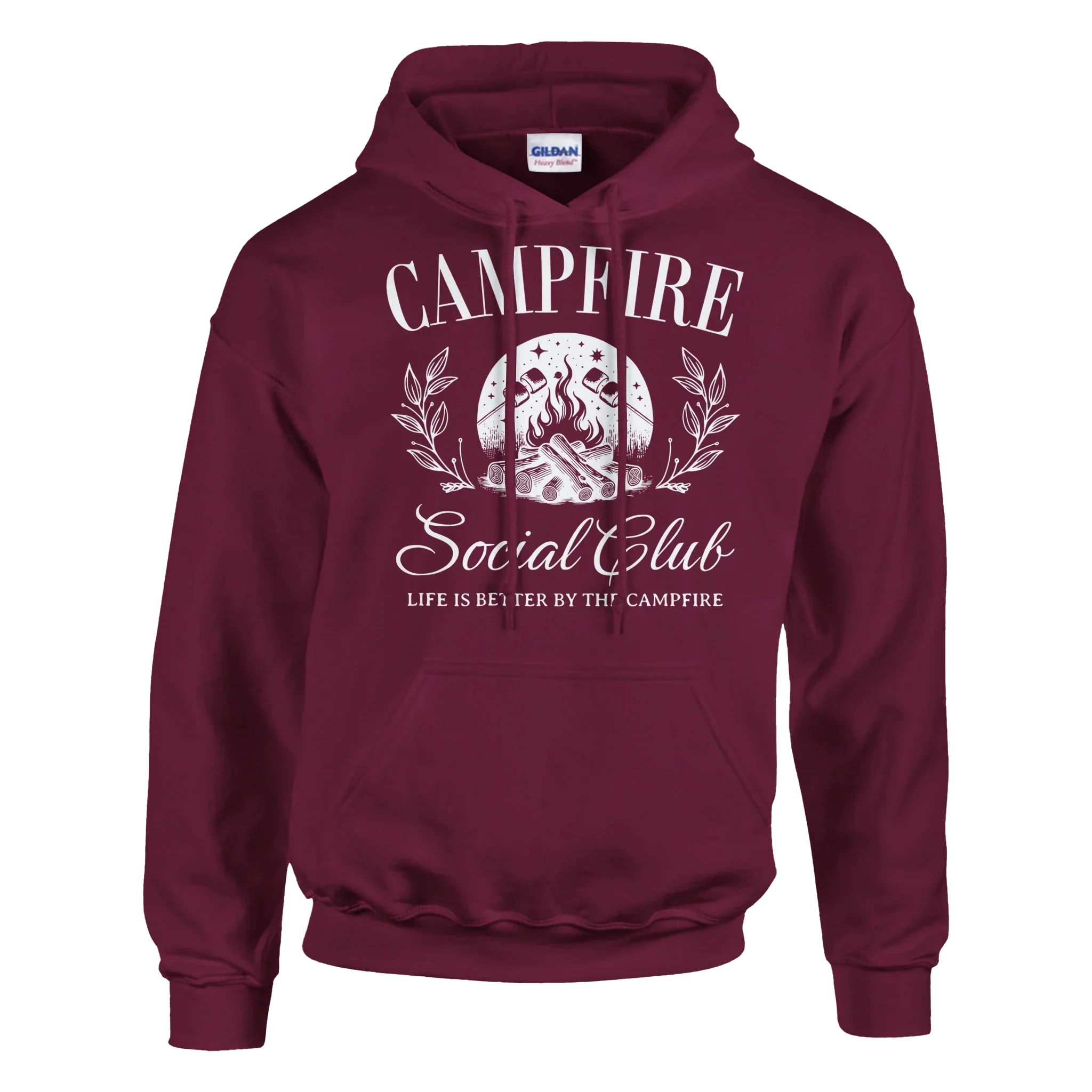 Maroon Campfire Social Club hoodie with campfire graphic and double-lined hood