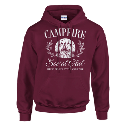 Maroon Campfire Social Club Cozy Hoodie with campfire graphic and front pouch pocket