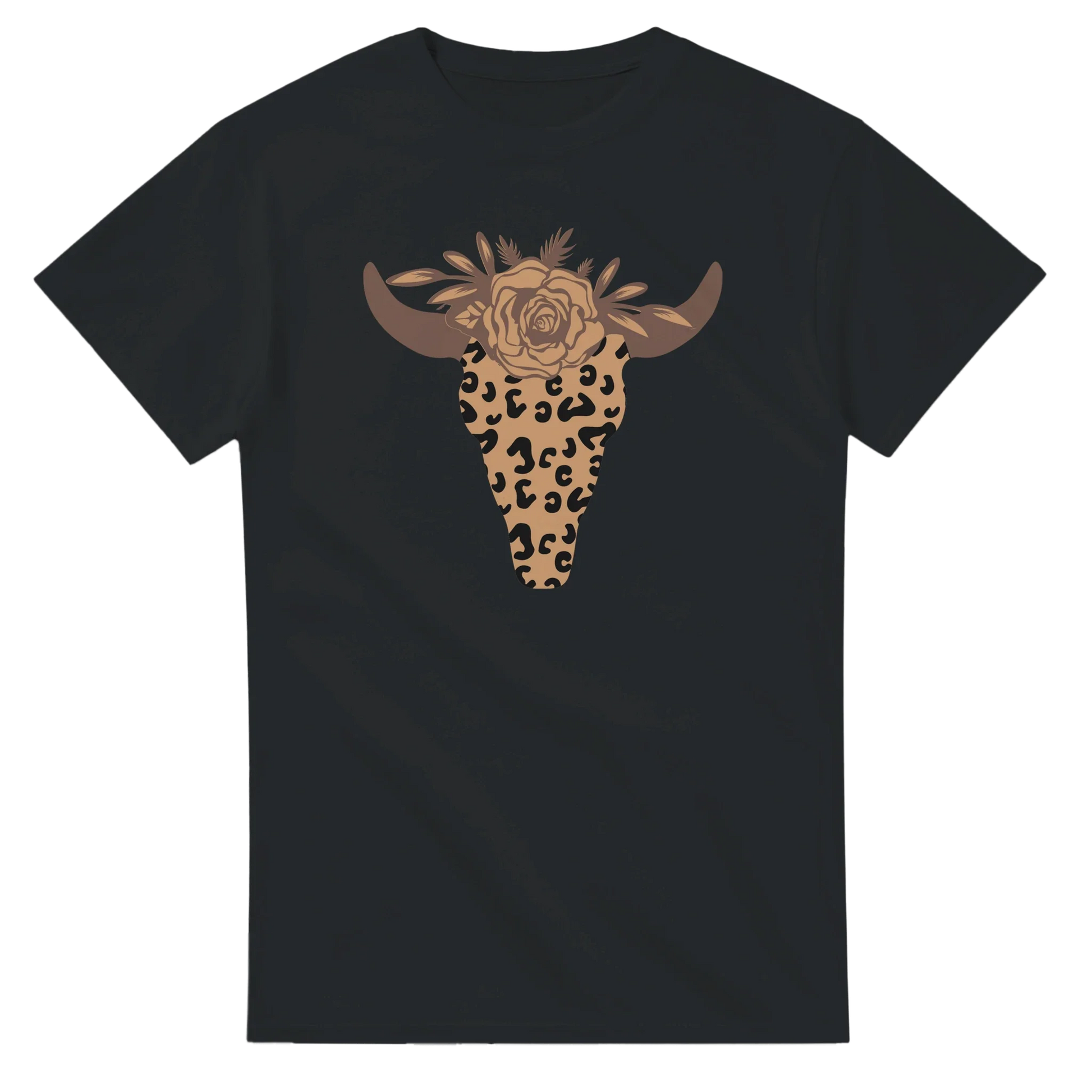 Black heavyweight cotton t-shirt with leopard print steer skull and floral design on front