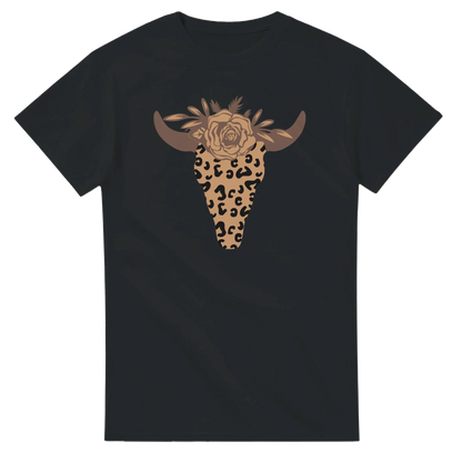 Black heavyweight cotton t-shirt with leopard print steer skull and floral design on front