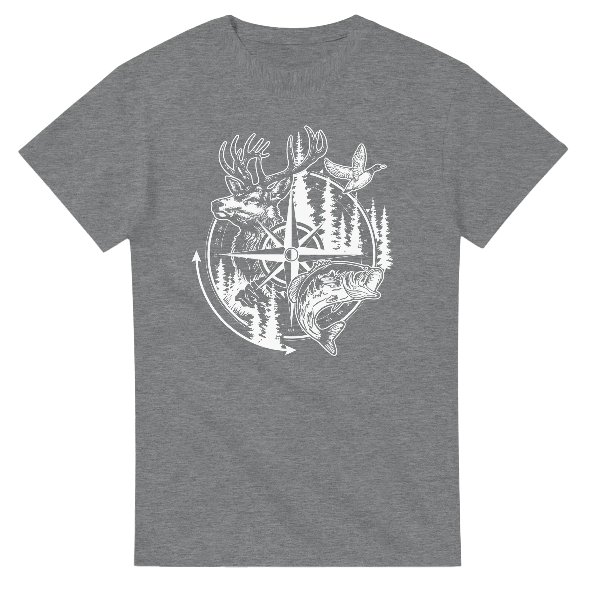 Big Buck Adventure T-Shirt with deer, bass, and duck compass design on gray cotton shirt