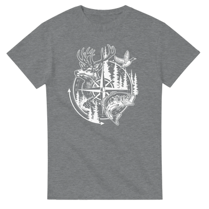Big Buck Adventure T-Shirt with deer, bass, duck, and compass design on grey fabric