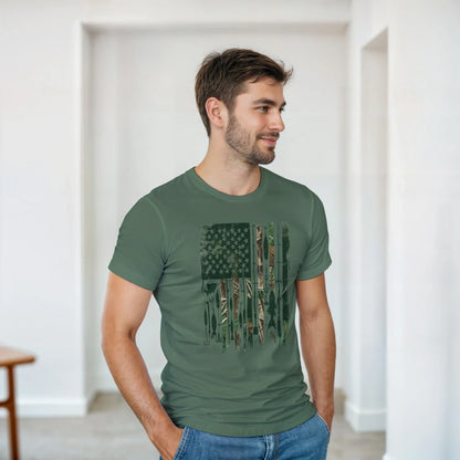 man wearing green patriotic fishing t-shirt with fishing lures and camo American flag design