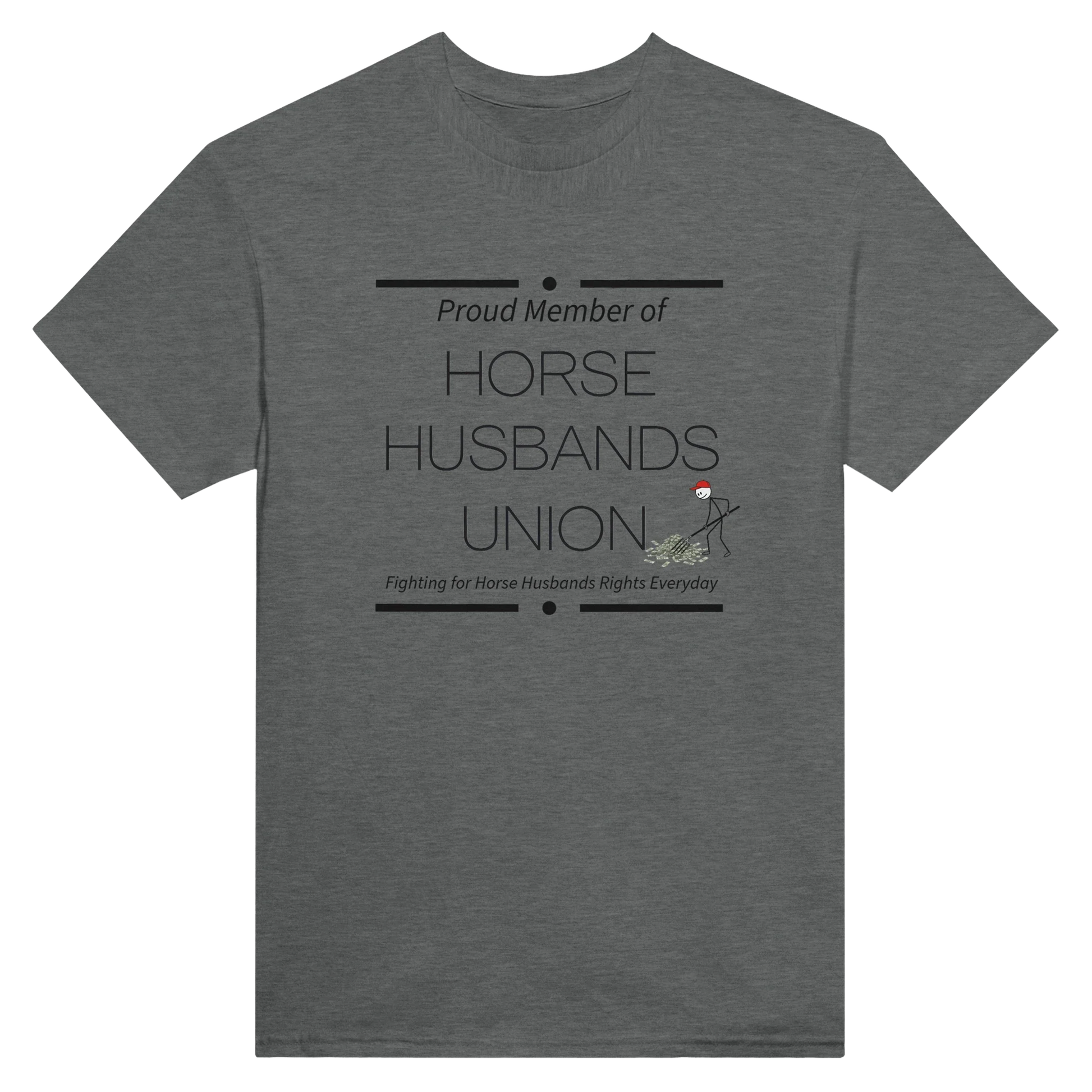 Horse Husbands Union dark grey t-shirt with humorous horse support design and durable cotton fabric