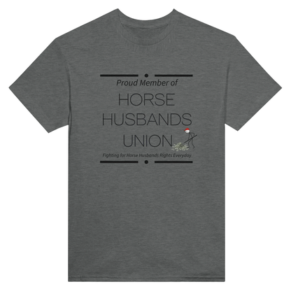 Horse Husbands Union dark grey t-shirt with humorous horse support design and durable cotton fabric