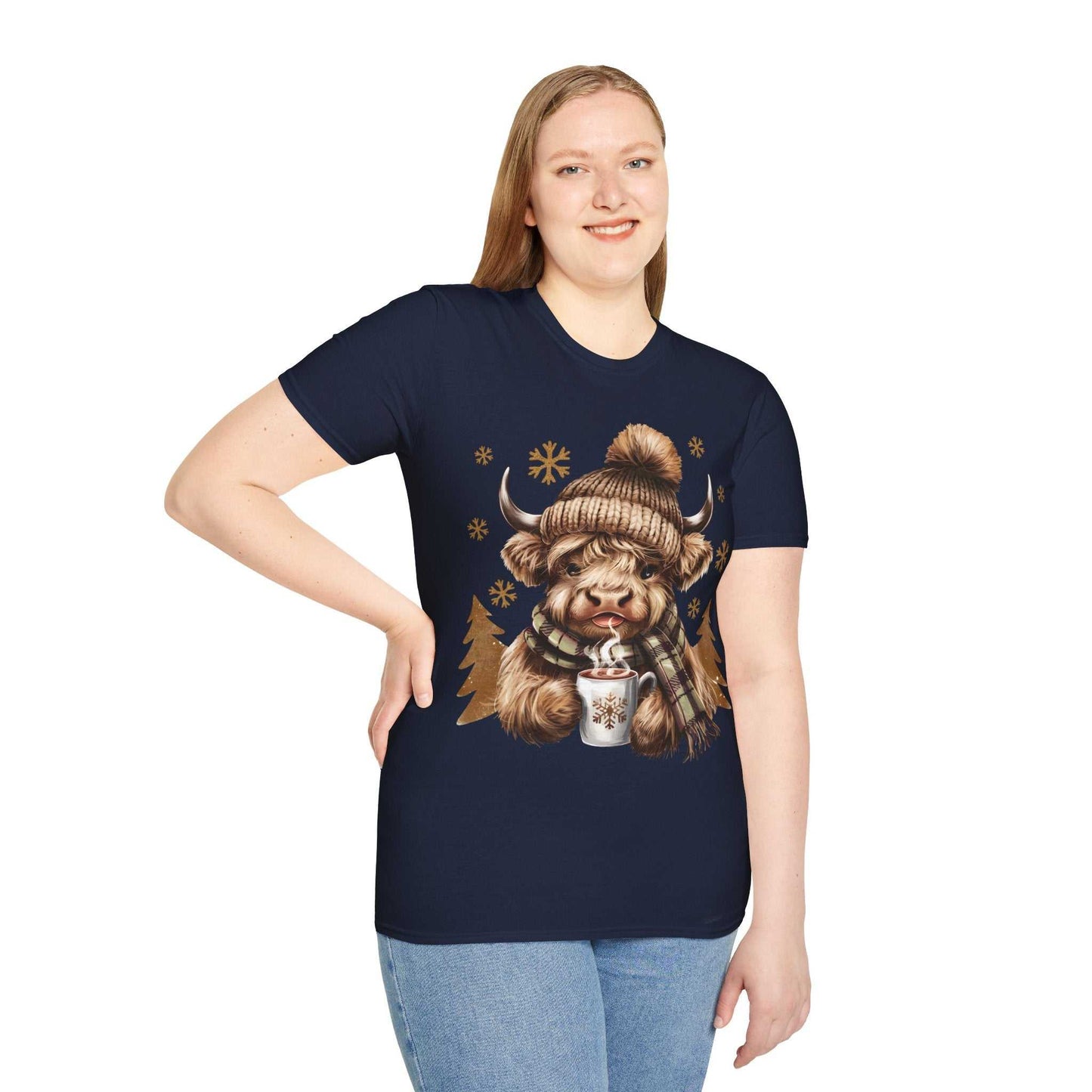 Navy t-shirt with cozy Highland Cow wearing a knit hat and scarf holding hot chocolate design