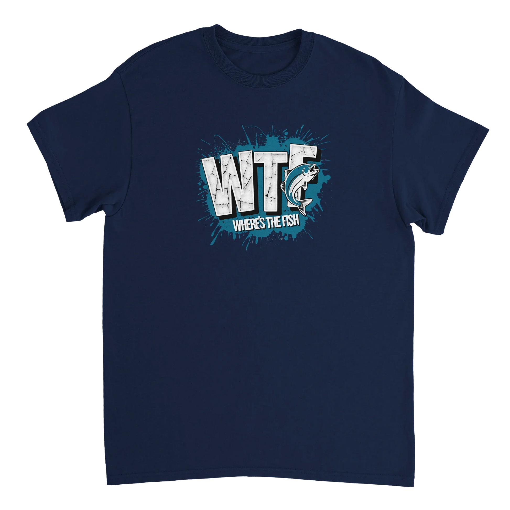 Navy WTF Where's The Fish whimsical fishing t-shirt with cotton classic fit and bold graphic design