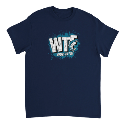 Navy WTF Where's The Fish whimsical fishing t-shirt with cotton classic fit and bold graphic design