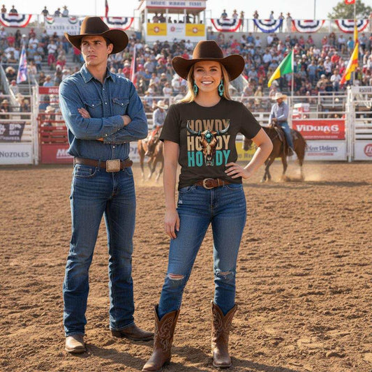 A woman at a rodeo wearing the Howdy Steer Skull T-shirt in Black