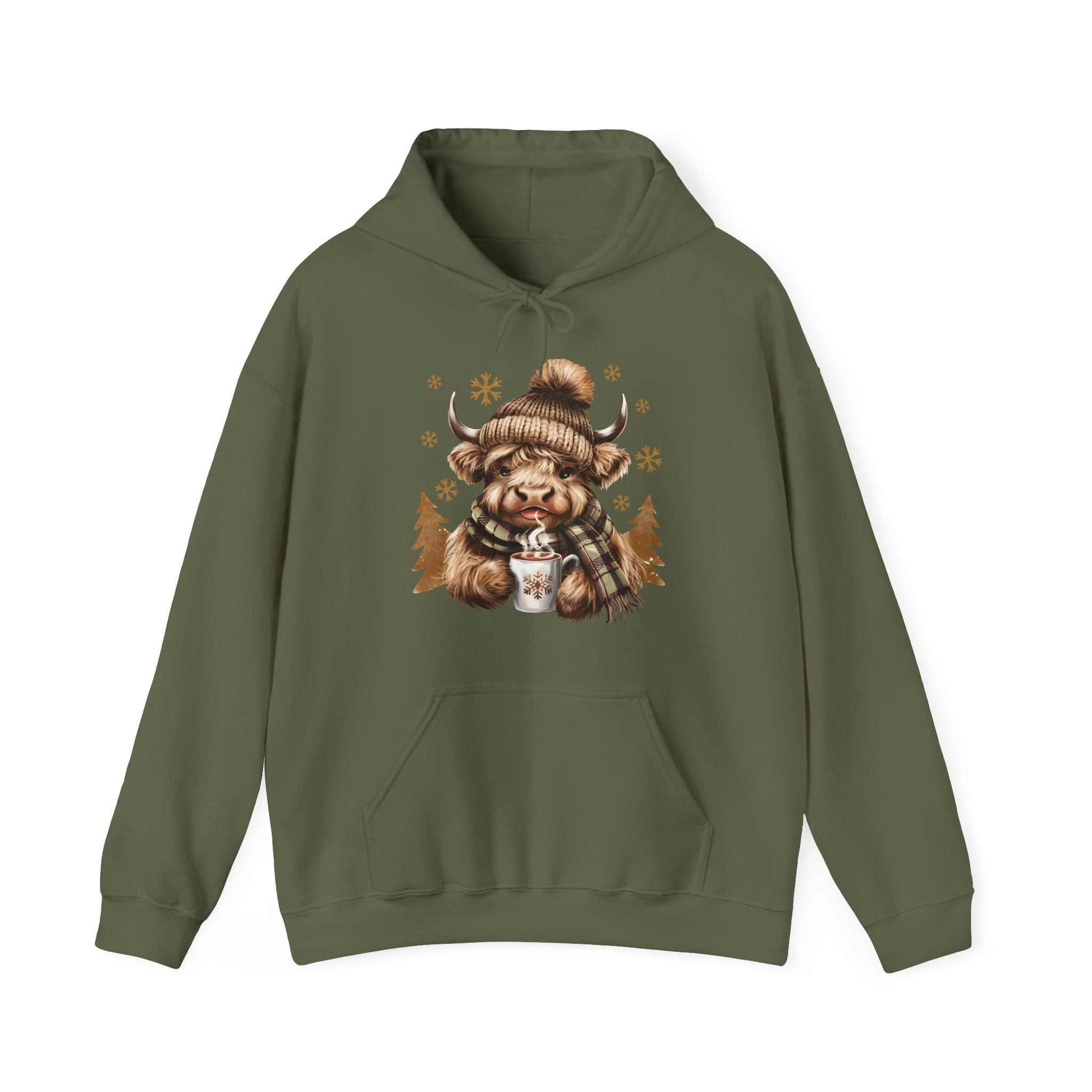 Olive Highland cow hoodie with cozy winter hat and hot chocolate design