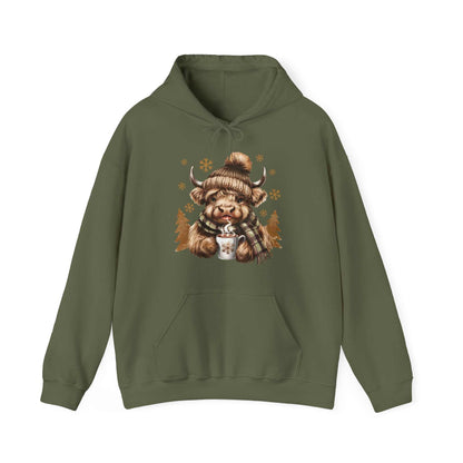 Olive Highland cow hoodie with cozy winter hat and hot chocolate design
