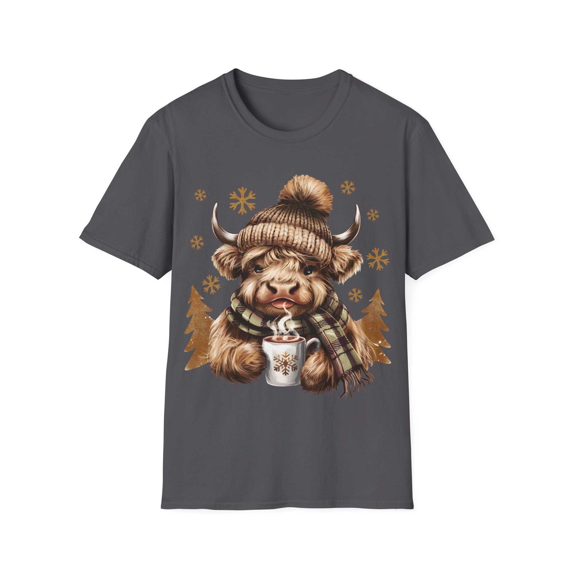 Highland Cow wearing winter hat and scarf holding hot chocolate on grey unisex t-shirt