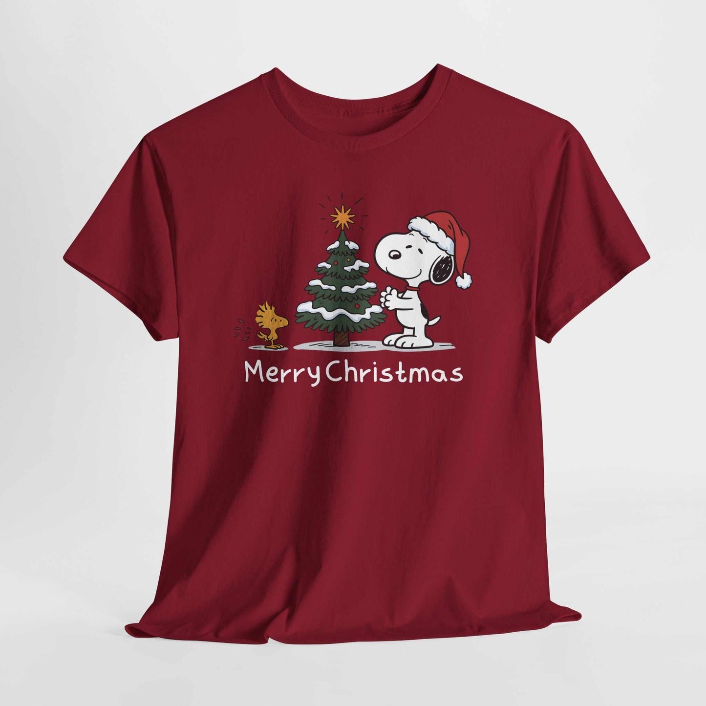 Red Snoopy & Woodstock Christmas T-shirt with festive tree and Santa hat design